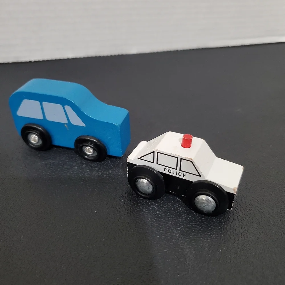 Wood Blue Van Car Truck & Police Car Toy figures rolling wheels play L👀K